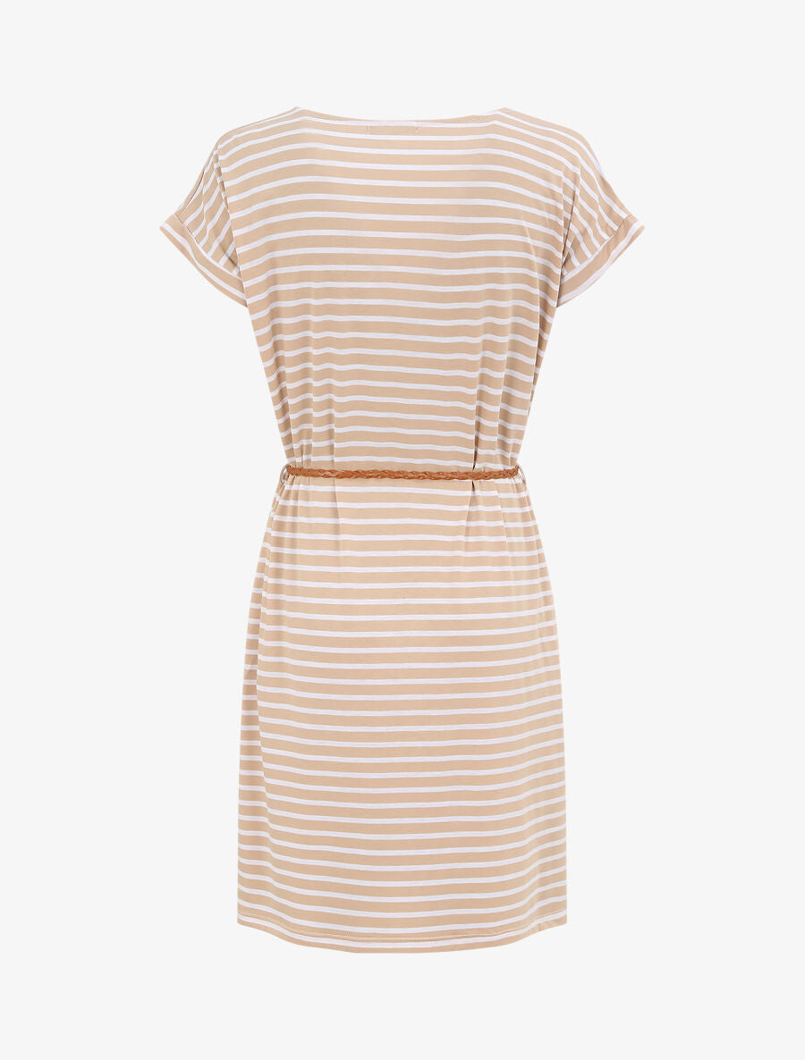 Robe courte droite rayée à manches courtes - Beige - 2