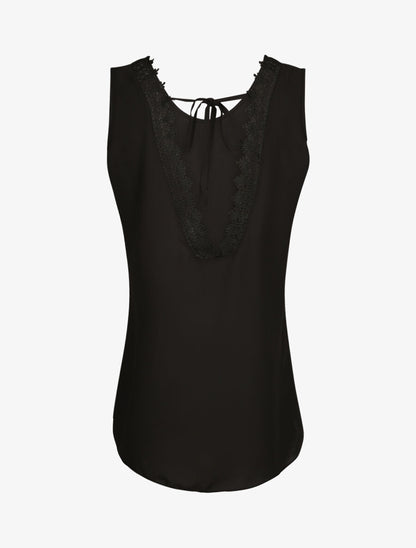 Top droit uni à dos en V et dentelle - Noir - 2