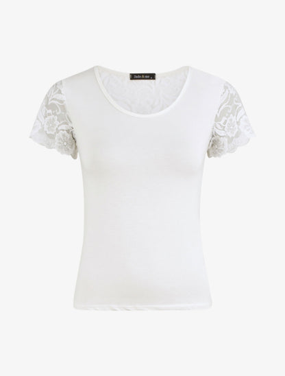 T-shirt ajusté à épaules en dentelle - Blanc - 4