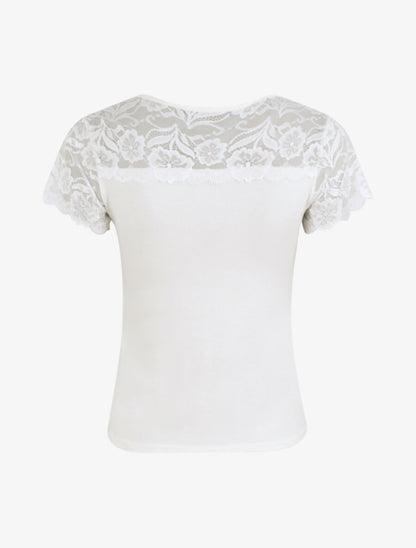 T-shirt ajusté à épaules en dentelle - Blanc - 2