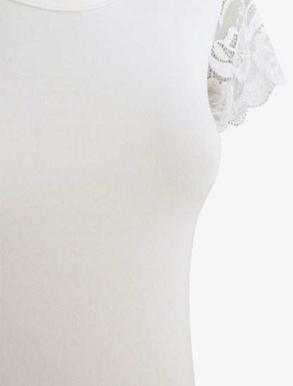 T-shirt ajusté à épaules en dentelle - Blanc - 3