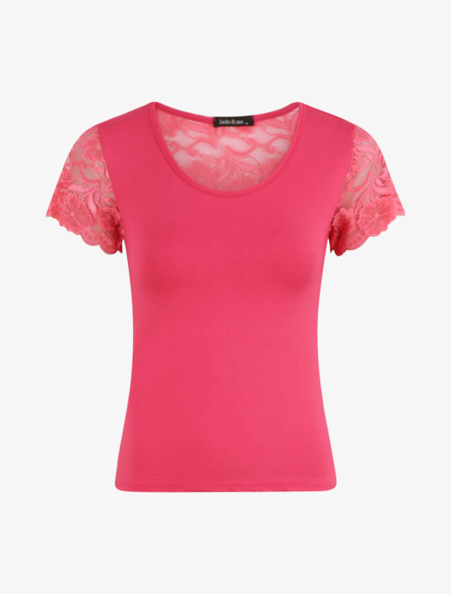 T-shirt ajusté à épaules en dentelle - Fushia - 1