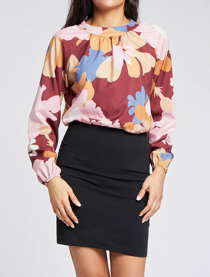 Robe bi-matière imprimé à col montant - Bordeaux - 4