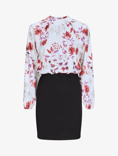 Robe bi-matière à imprimé pissenlits et roses - Blanc - 1