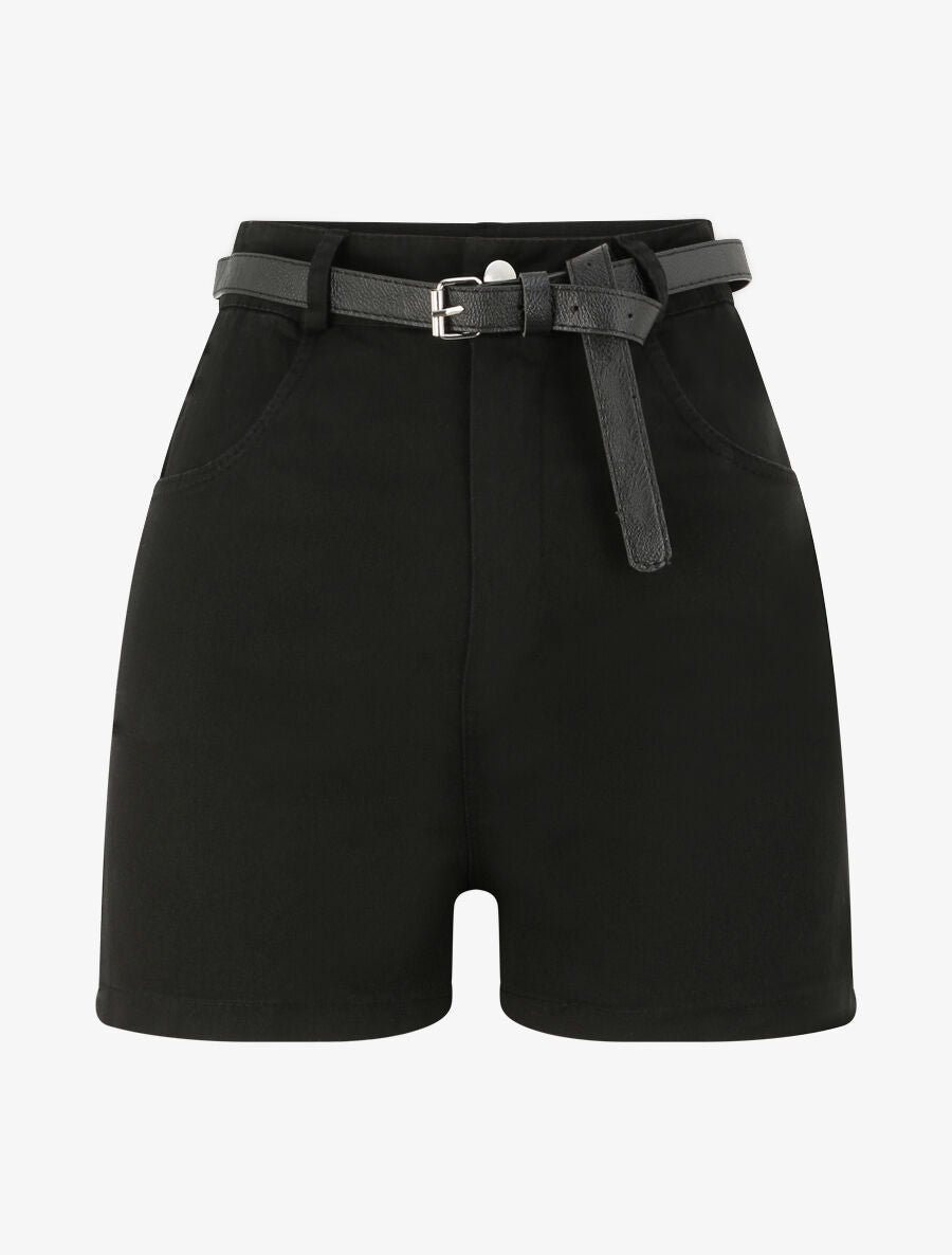 Short évasé uni à taille haute - Noir - 1