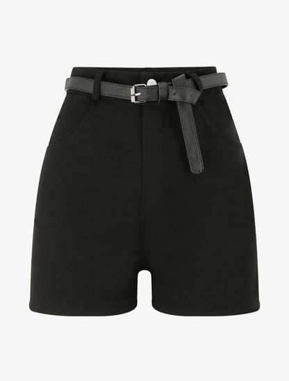 Short évasé uni à taille haute - Noir - 1