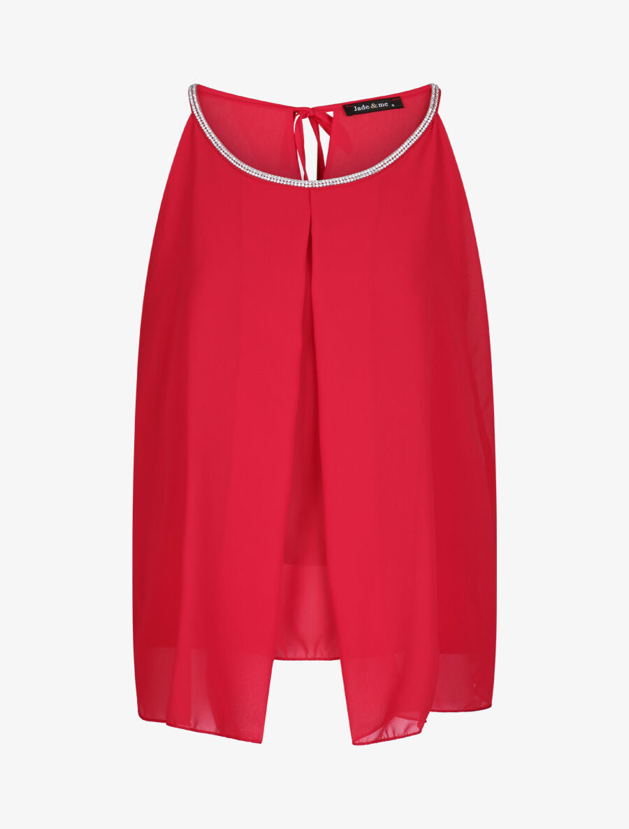 Top en voile orné de strass - Rouge - 5