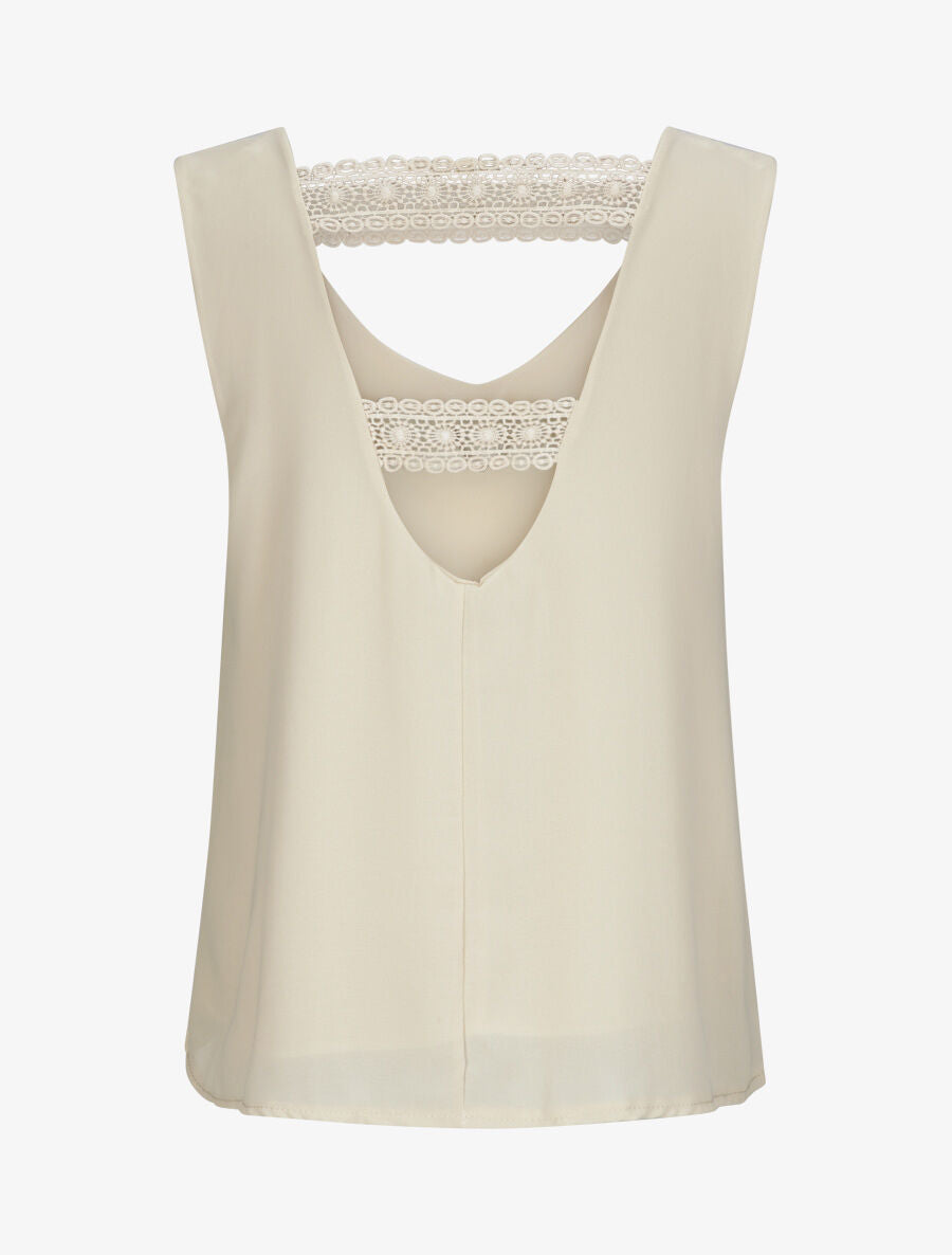 Top en voile à dos ajouré et détail dentelle - Beige - 2