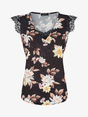 Top satiné imprimé fleurs de lotus à détail dentelle - Noir - 1