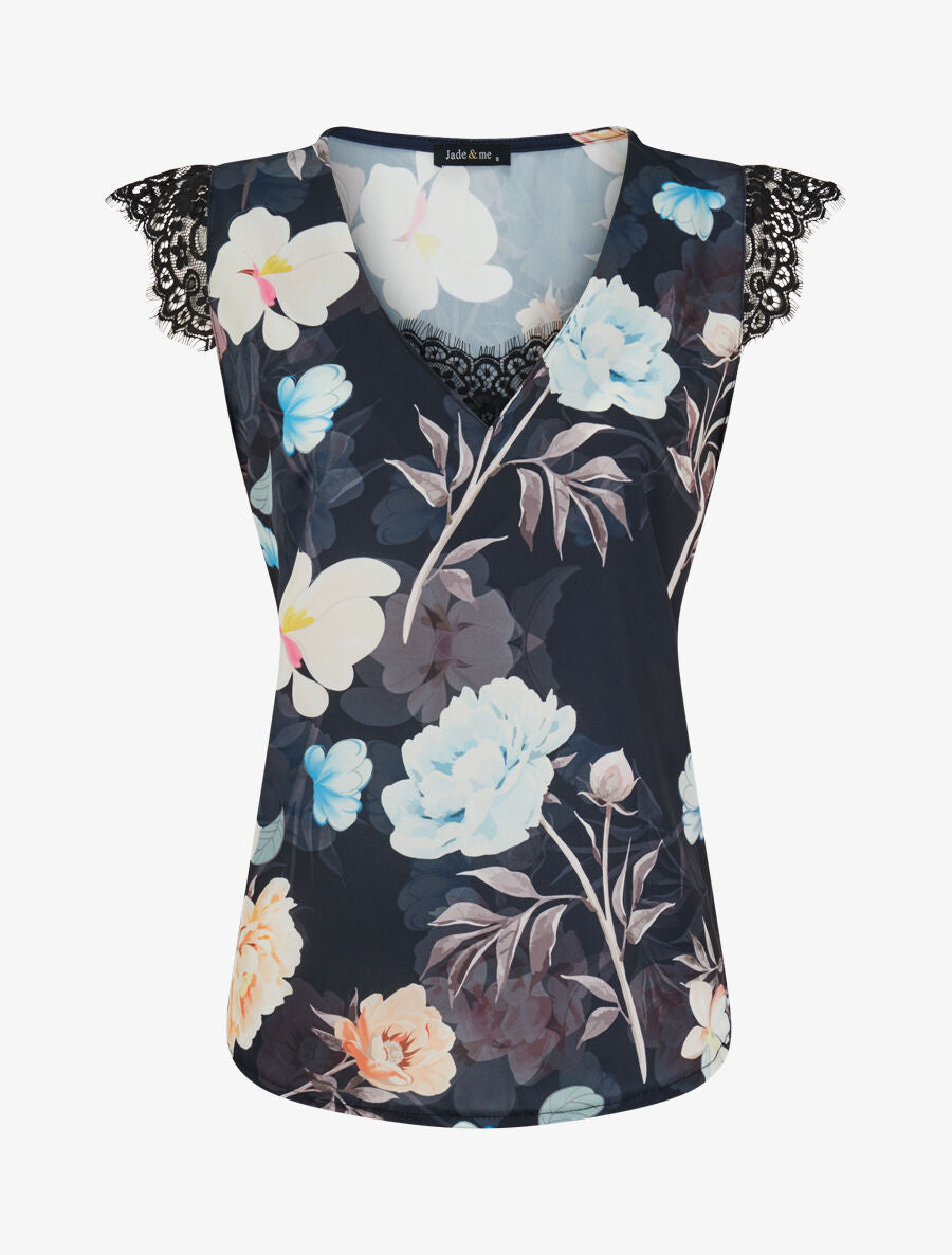 Top satiné imprimé pivoines à détail dentelle - Bleu nuit - 1