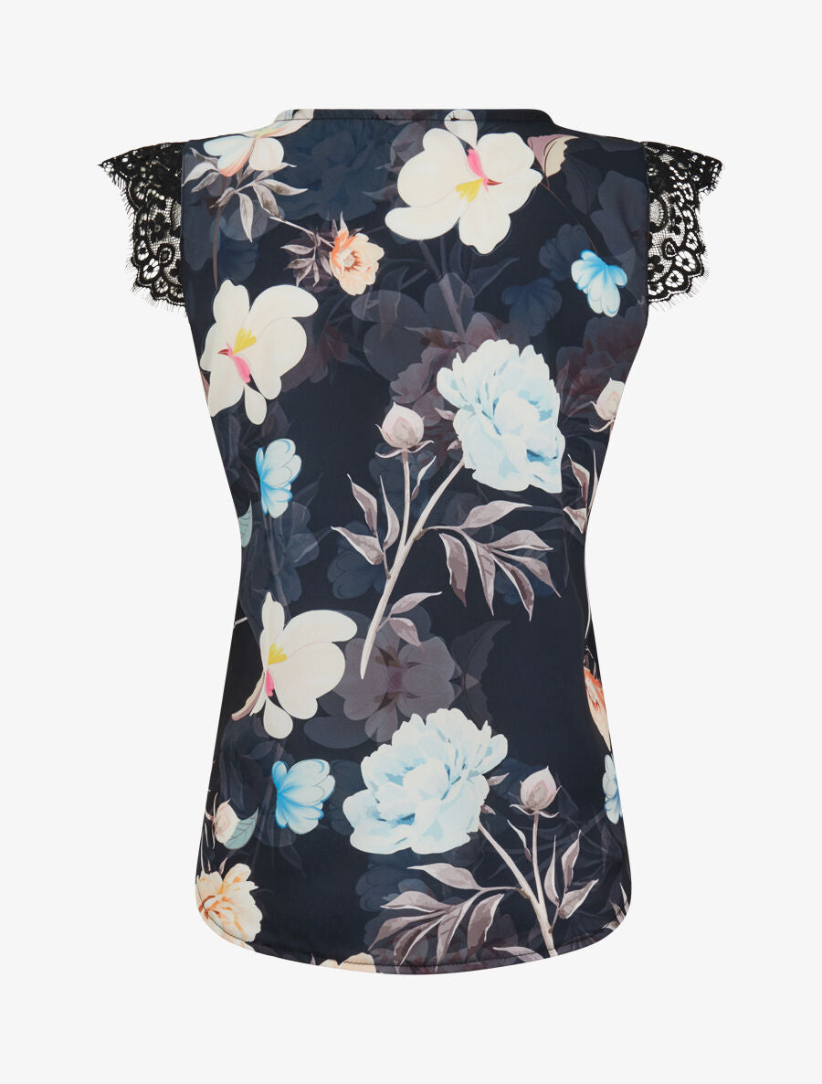 Top satiné imprimé pivoines à détail dentelle - Bleu nuit - 2