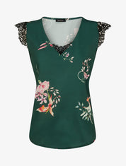 Top satiné imprimé fleurs de lys à détail dentelle - Vert émeraude - 1