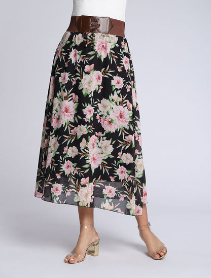 Jupe midi fluide imprimé floral - Noir - 4