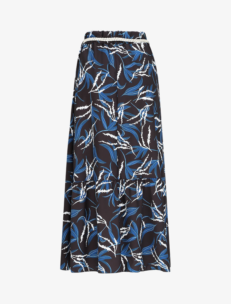 Jupe mi-longue imprimé feuilles stylisées - Noir - 2