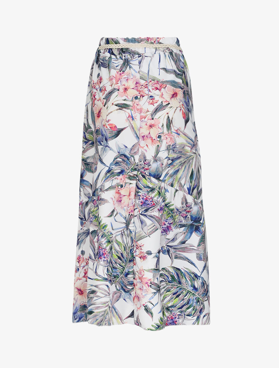 Jupe mi-longue à couture en V imprimé plantes tropicales - Blanc - 2