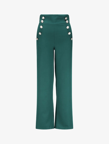 Pantalon droit à boutons et taille stylisés - Vert sapin - 1