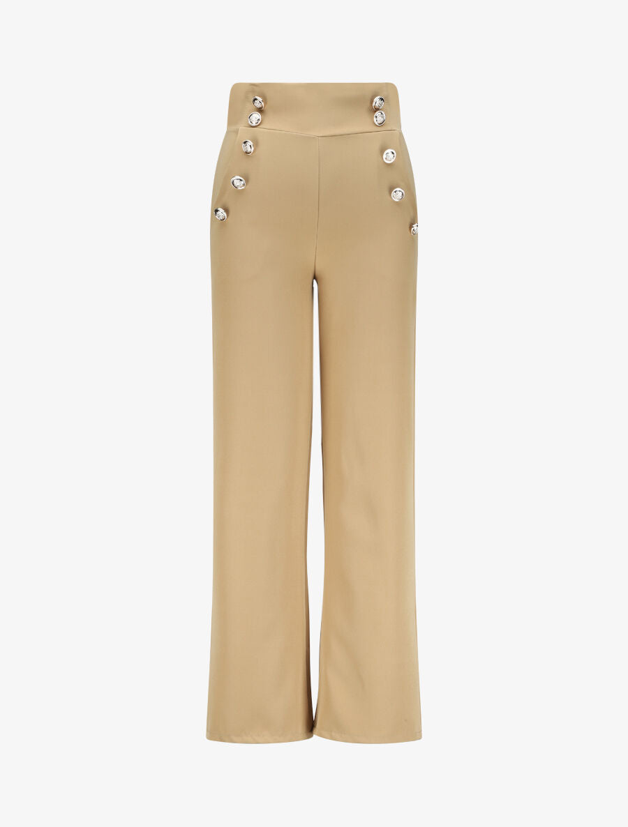 Pantalon droit à boutons et taille stylisés - Camel - 1
