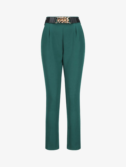 Pantalon uni à ceinture stylisée - Vert sapin - 1