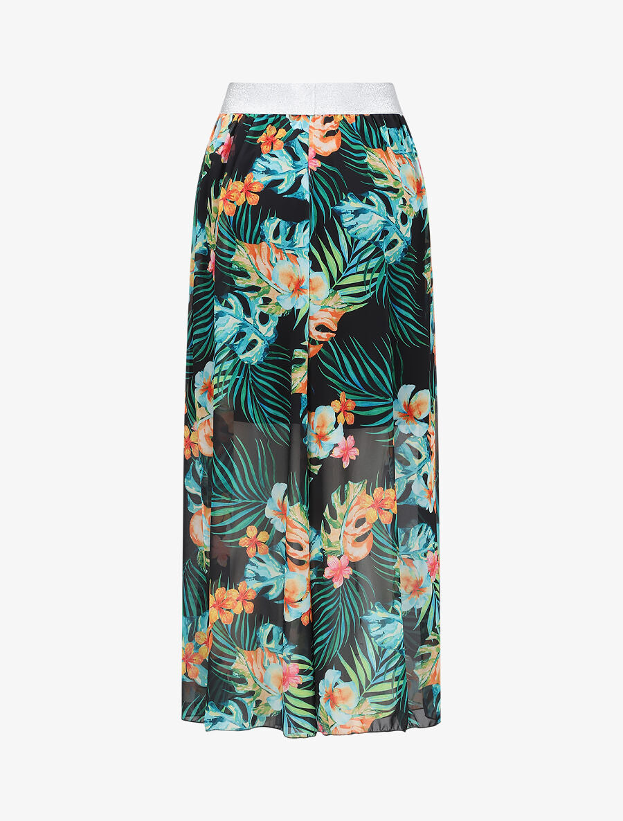 Jupe longue en voile imprimé tropical à ceinture contrastante - Noir - 2