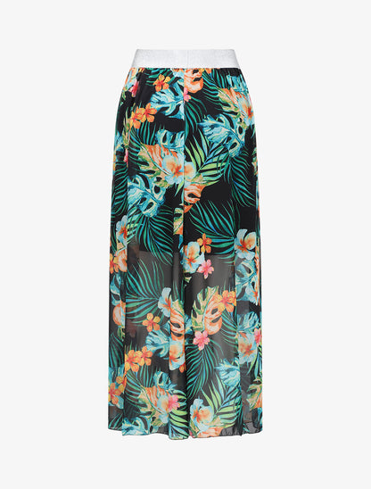 Jupe longue en voile imprimé tropical à ceinture contrastante - Noir - 2