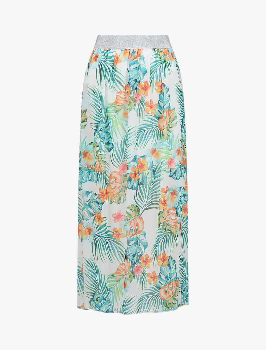 Jupe longue en voile imprimé tropical à ceinture contrastante - Blanc - 5