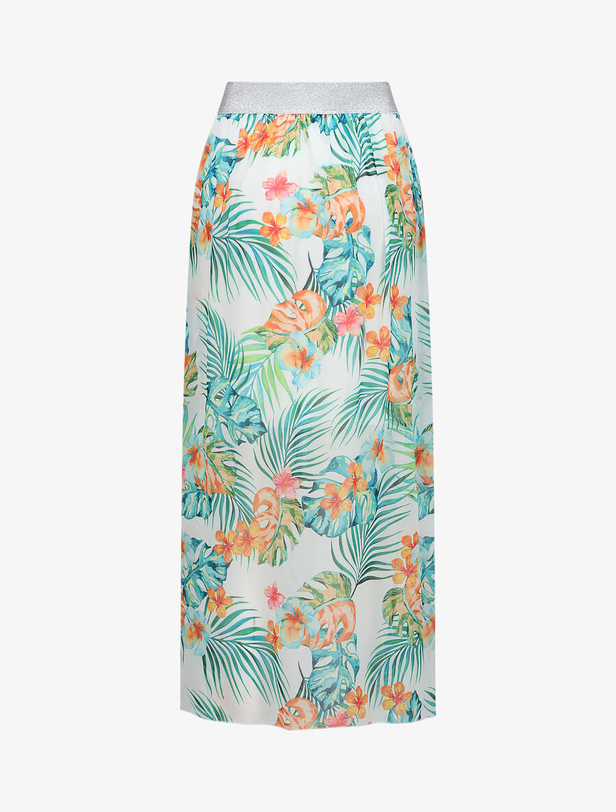 Jupe longue en voile imprimé tropical à ceinture contrastante - Blanc - 2