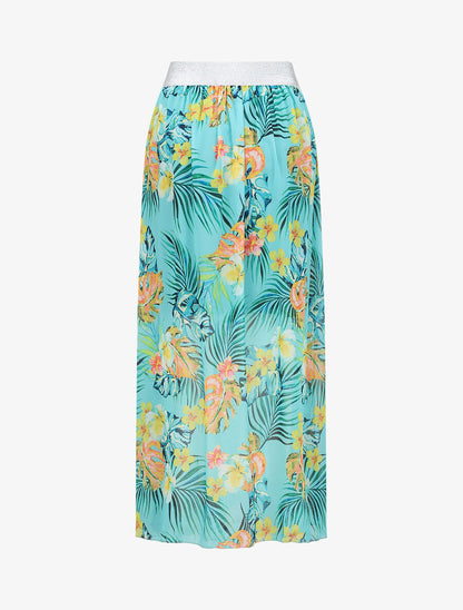 Jupe longue en voile imprimé tropical à ceinture contrastante - Bleu turquoise - 2