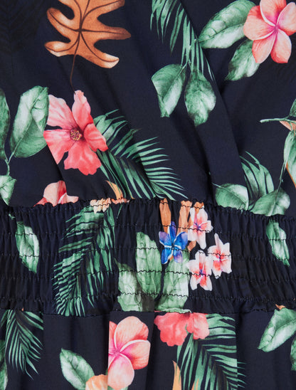 Robe longue imprimé fleur de tiaré à manches papillon - Bleu nuit - 3