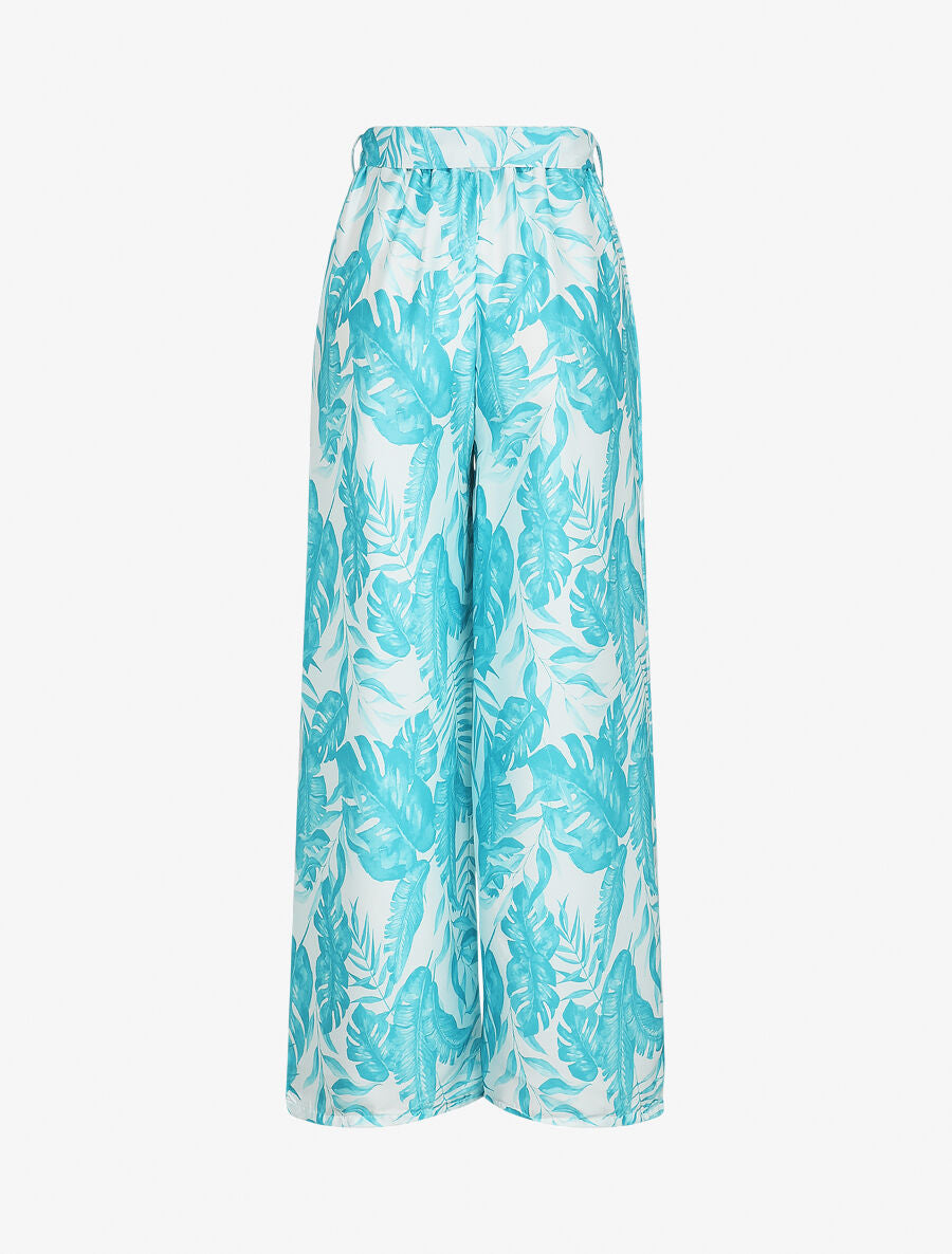 Pantalon satiné imprimé tropical - Turquoise - 2
