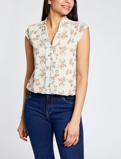 Top sans manches imprimé rosier - Beige - 4