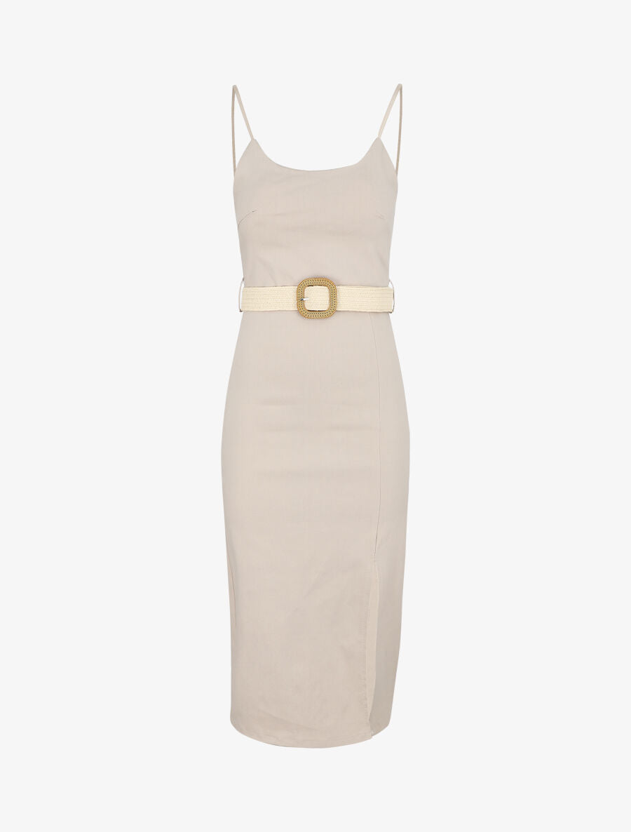 Robe mi-longue fendue - Beige - 1