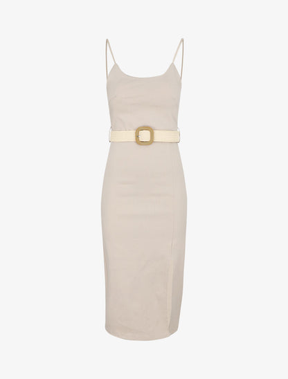 Robe mi-longue fendue - Beige - 1