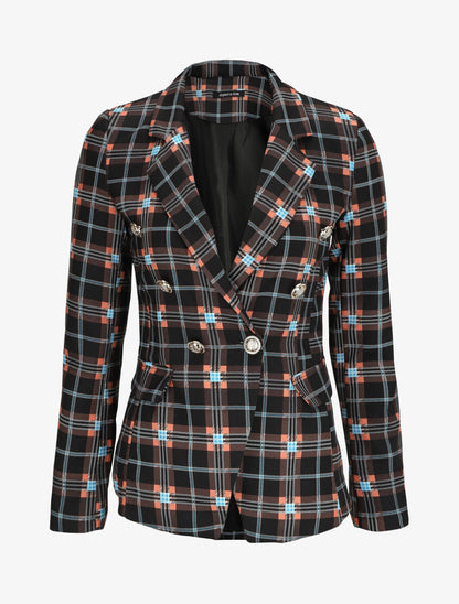 Blazer croisé à épaulettes imprimé carreaux - Noir - 1