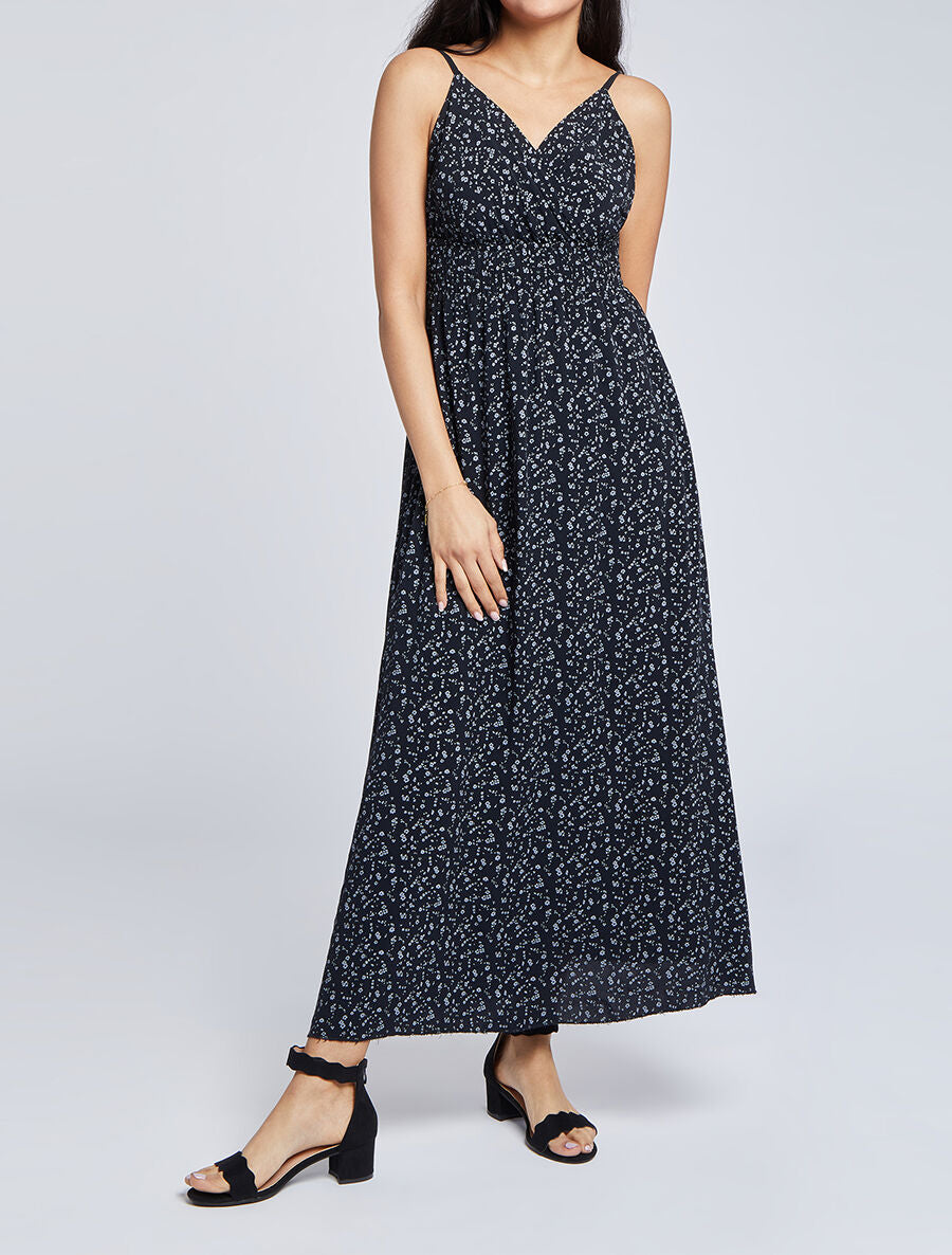 Robe longue empire à bretelles imprimé fleurs des champs - Noir - 1