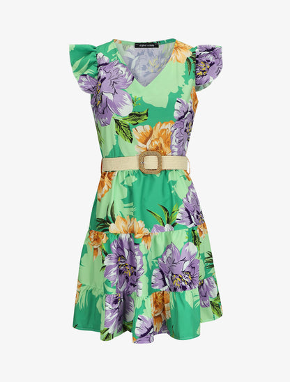 Robe patineuse volantée imprimé pivoines - Vert - 1