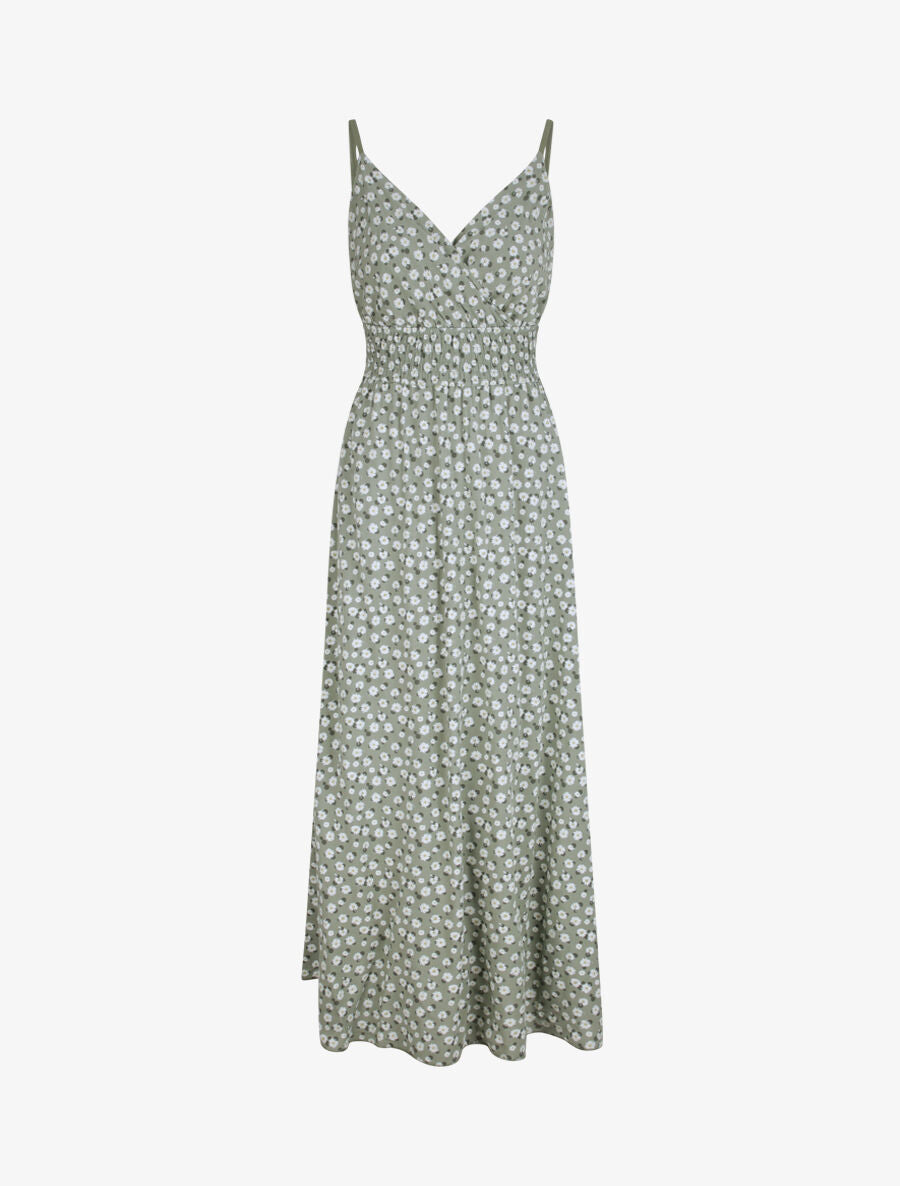 Robe longue empire à bretelles imprimé marguerites - Vert olive - 5