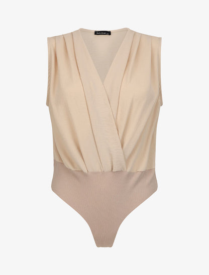 Body bi-matière à col cache-coeur - Beige - 4
