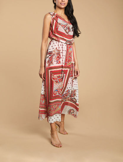 Robe longue col bénitier imprimé cachemire - Rose - 4
