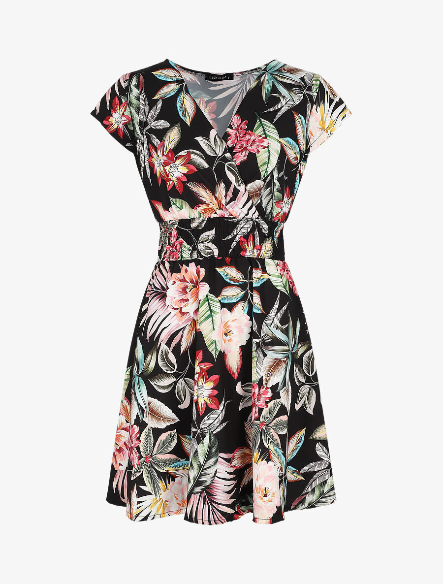 Robe mi-longue à imprimé floral - Noir - 1