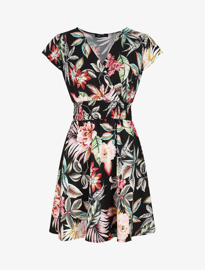 Robe mi-longue à imprimé floral - Noir - 1