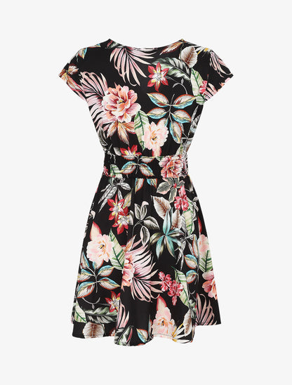 Robe mi-longue à imprimé floral - Noir - 2