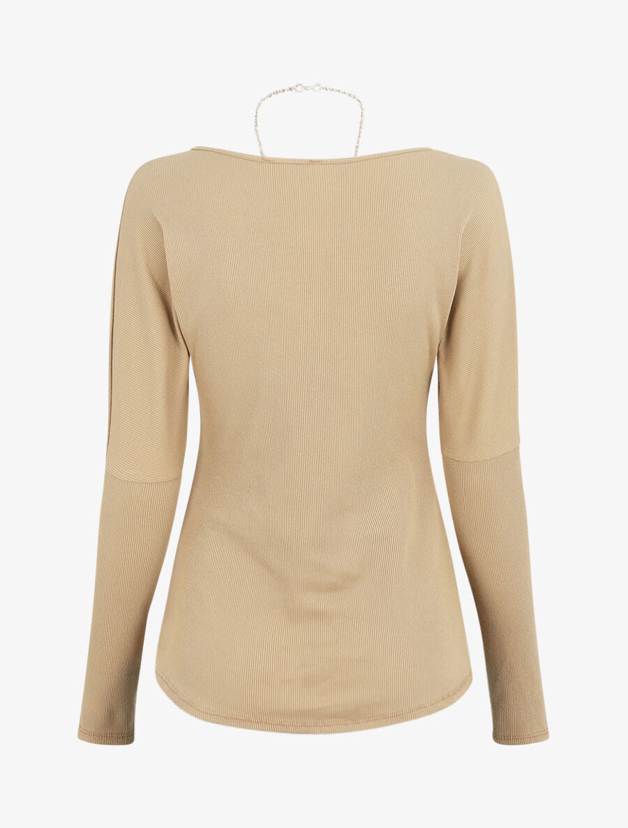 Top côtelé uni manches longues - Beige - 2