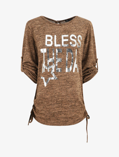 Pull ample à flocage Bless the da - Taupe - 1