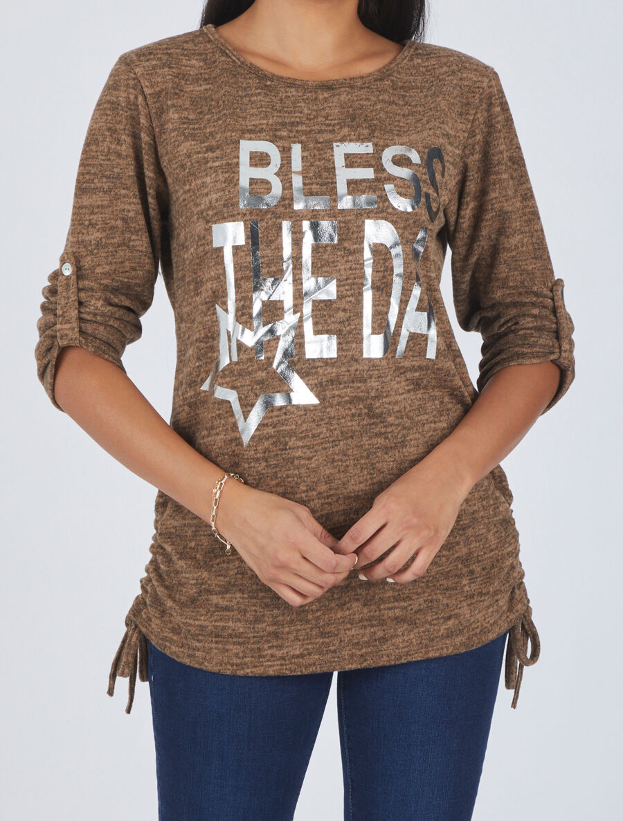 Pull ample à flocage Bless the da - Taupe - 4