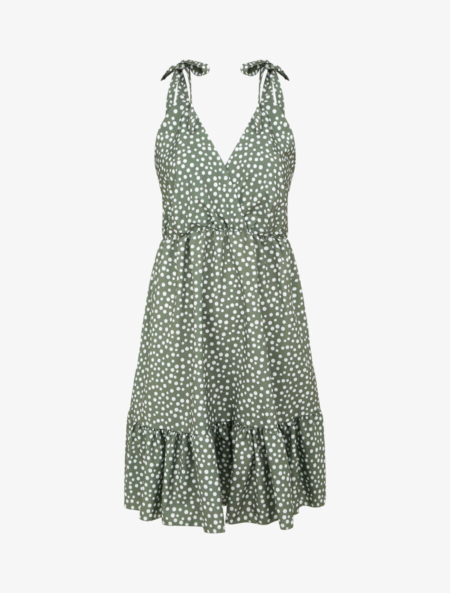 Robe patineuse mi-longue imprimé pois - Kaki - 1