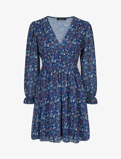 Robe courte patineuse à fleurs - Bleu - 1