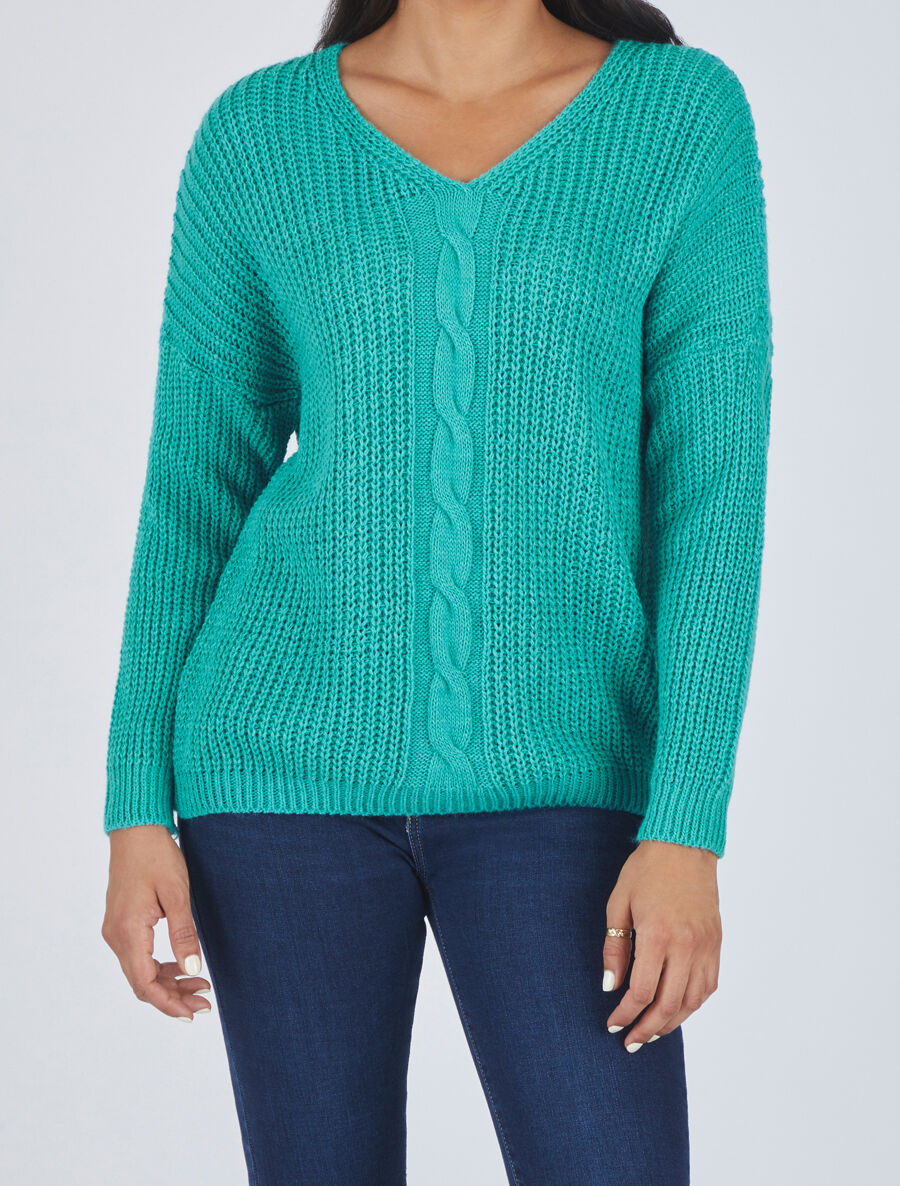 Pull uni à col V et torsade - Turquoise - 4