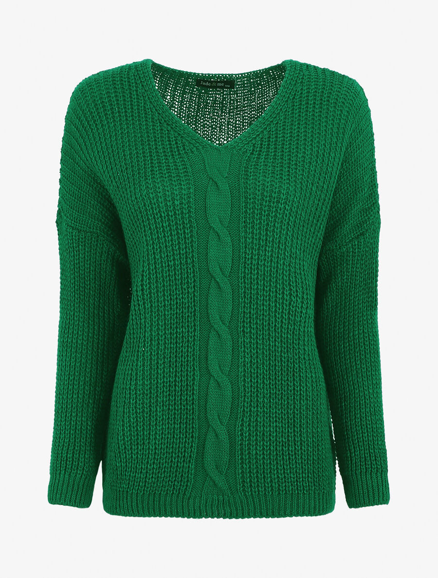 Pull uni à col V et torsade - Vert - 5
