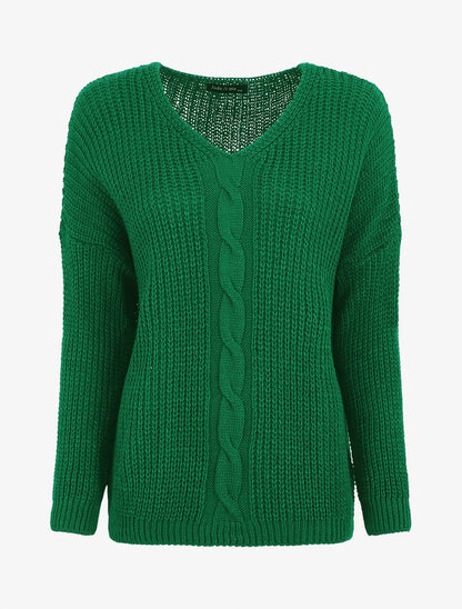 Pull uni à col V et torsade - Vert - 5