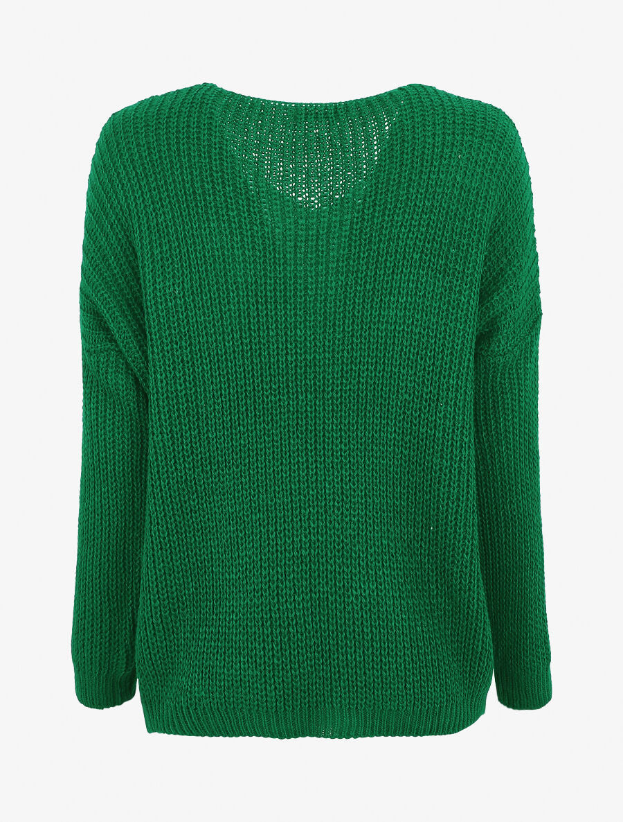 Pull uni à col V et torsade - Vert - 2